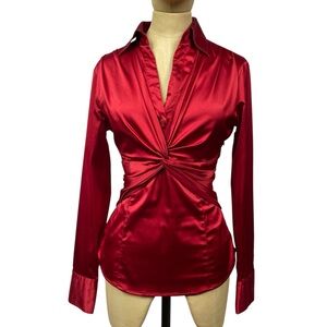 NYC Satin Blouse Red 6 Top Club Office Siren Inset Baddie Moody Glam Out Y2K